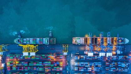 Shipper containers at a sea port.